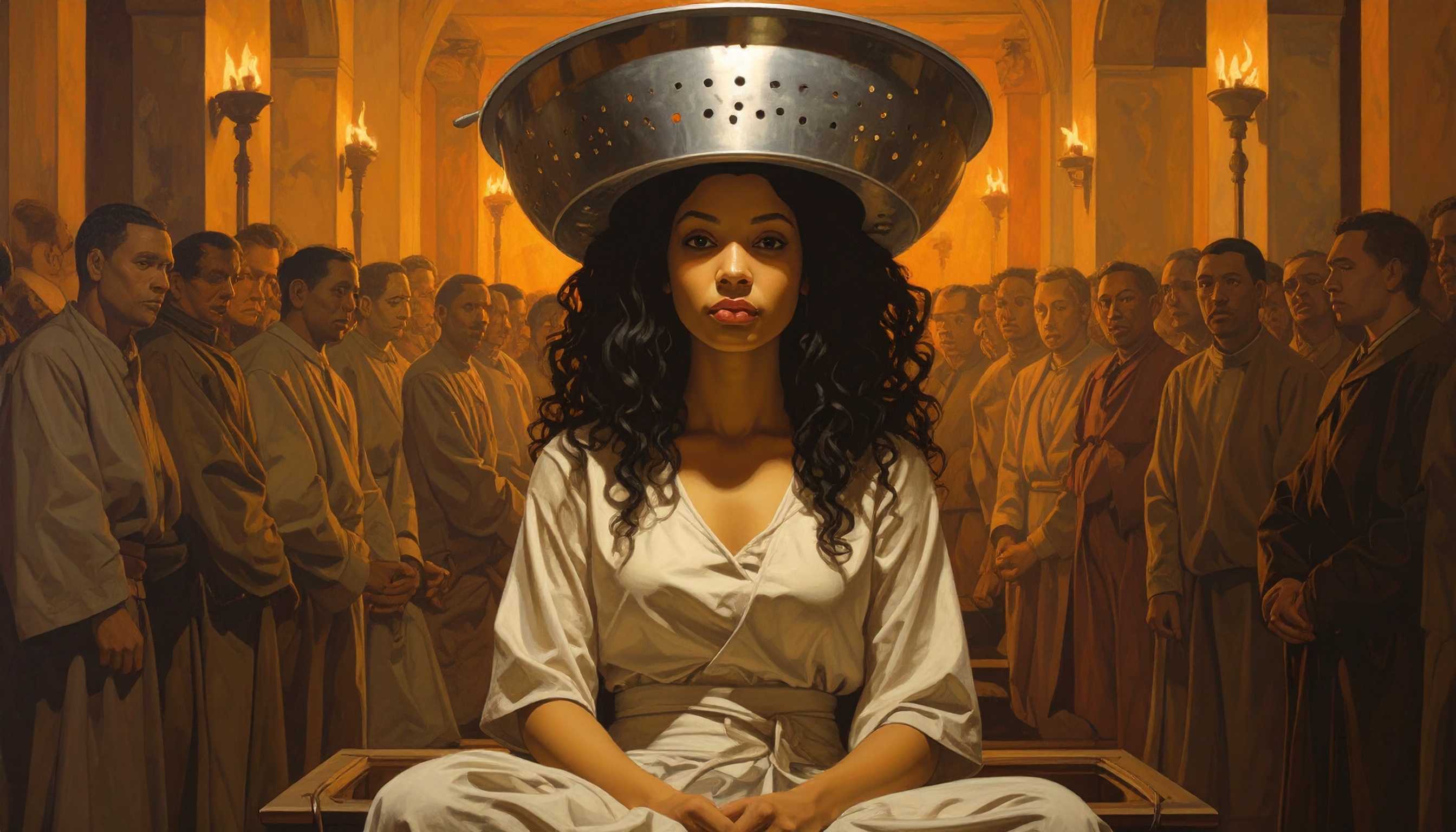 Lira with the colander on her head